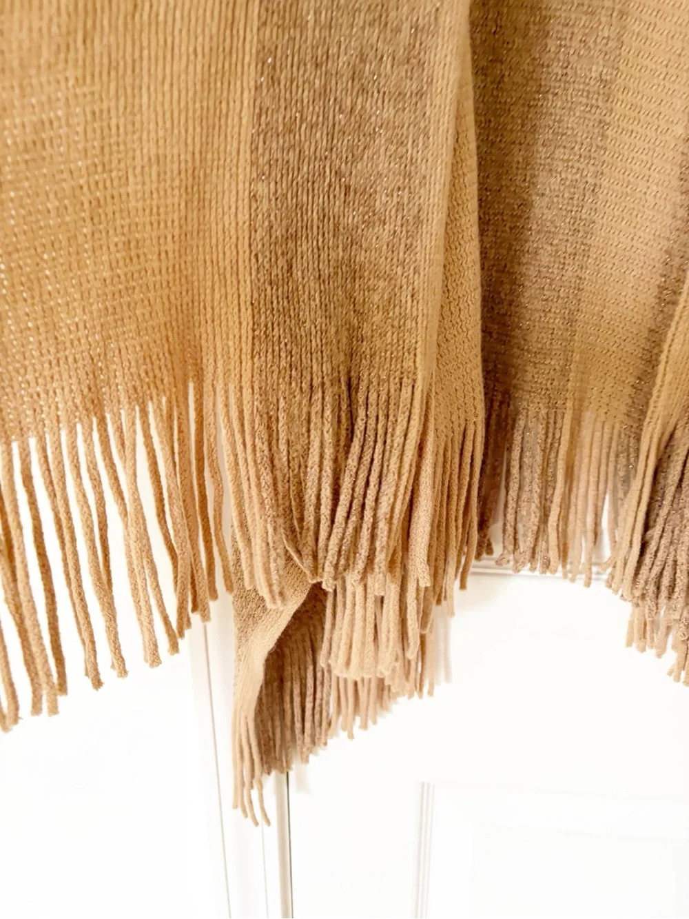 ZLYC Camel Fringe Knit Poncho Shawl Sweater w shimmer accent